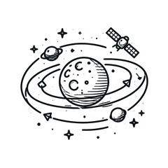 Fototapeta premium Celestial bodies and orbiting satellites, a cosmic spectacle of planets and stars in a hand-drawn artistic style