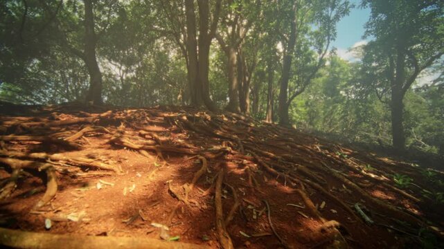 Closeup of soil and roots. Detailed depiction of roots and shadows on forest ground. An elaborate scene showcasing forest floor with roots and dark shadows in close detail