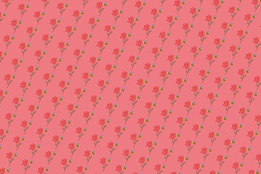 Cute hand drawn bee and red flower seamless pattern set against a soft pink background