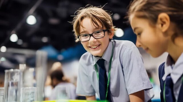 Two students lean over a science lab table, examining glass beakers; a smiling boy with glasses chats with a girl beside him in a bright, educational setting