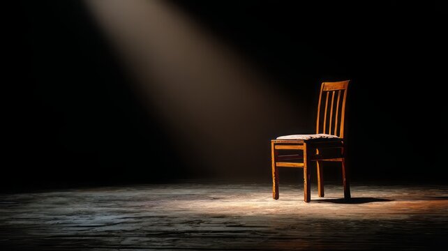 Chair in spotlight dark room. Single wooden chair placed on a stage and illuminated by a dramatic spotlight in a dark room, creating a mysterious or solitary ambiance.