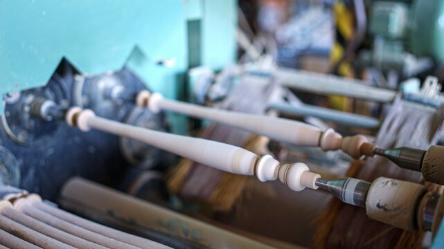 Wooden spindles being shaped on a woodworking lathe machine