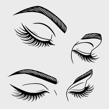Beautiful female eyes with long eyelashes and perfectly shaped eyebrows in closed positions for beauty salon and cosmetic branding vector sketches