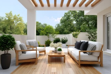 Fototapeta premium Luxury patio with modern outdoor furniture and pergola