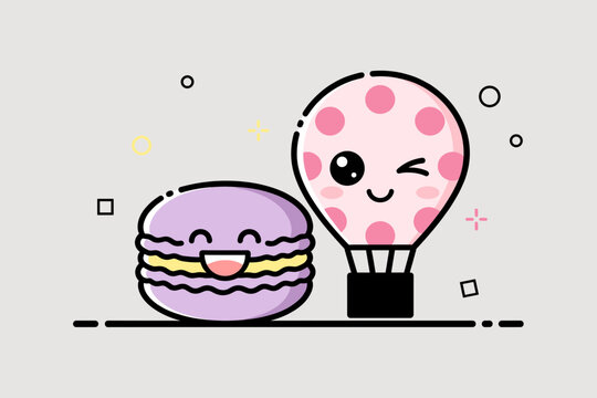Cute Kawaii Cartoon Macaron and Hot Air Balloon Icons Set Isolated on Gray Background, MBE Style Vector Illustration for Sweet Treat and Leisure Graphic Design