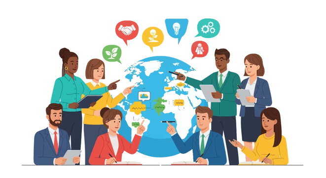 Diverse group of people collaborating around a global strategy map