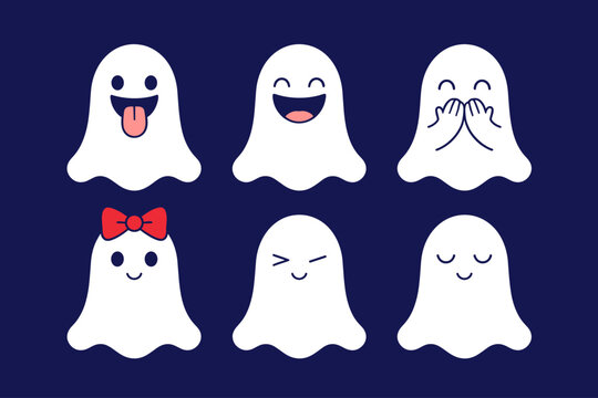 Cute Cartoon Ghost Characters Set Vector Illustration, Playful Spooks with Various Expressions for Halloween and Kids Party Design