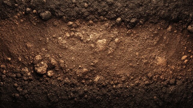 Top view of dark brown rich fertile soil texture