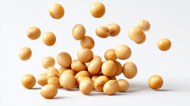 Raw soybeans falling on a pile isolated on white background