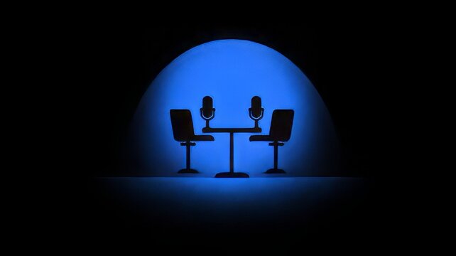 Silhouette studio setup for a podcast or interview  with two chairs, a table, and microphones. Studio setup for a podcast interview with two chairs facing each other across a table, each equipment.