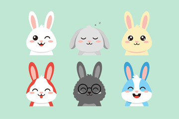 Fototapeta premium Cute Cartoon Rabbit Head Set, Six Smiling Bunny Characters in White, Gray, Yellow, Red, Black and Blue with Playful Expressions Isolated on Light Green Background Vector Illustration