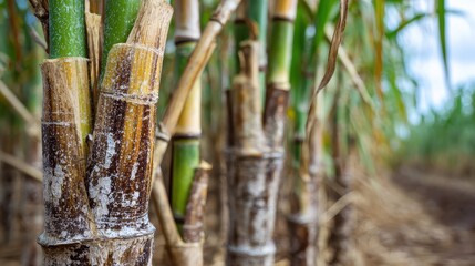 Fototapeta premium Close-up of sugarcane stalks growing in a plantation field