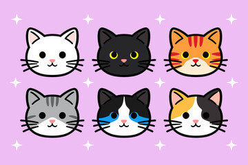 Cute Cartoon Cat Head Set, Six Smiling Cat Characters in White, Black, Orange Tabby, Gray Tabby and Tuxedo Styles Isolated on Light Purple Background with Star Accents Vector Illustration © zhangfeng