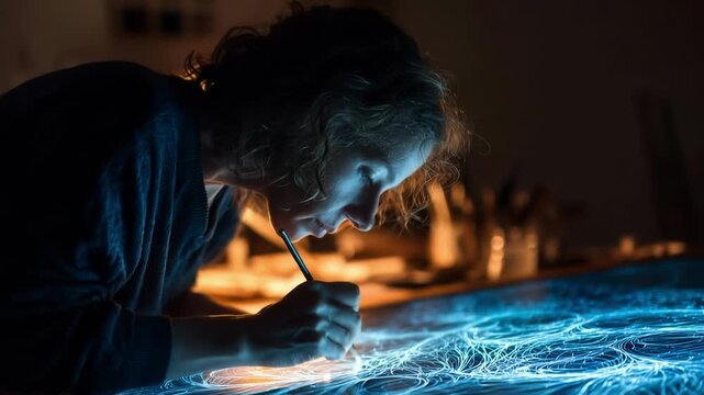 A person leaning over a glowing drawing table, sketching luminous blue lines with a stylus; warm background lights create a creative studio mood