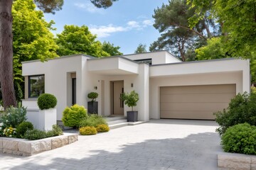 Fototapeta premium Modern villa exterior with garage and green landscaping