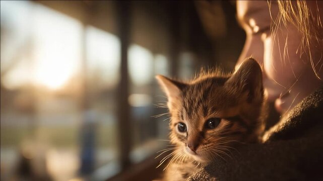 Close-up of a curious kitten perched on a person's shoulder; warm sunset light highlights its fluffy fur and blue eyes, creating a cozy, intimate moment