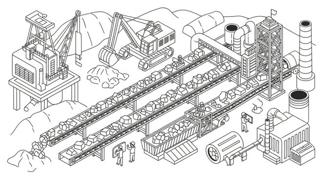 Detailed Line Art of a Coal Mining and Processing Plant.