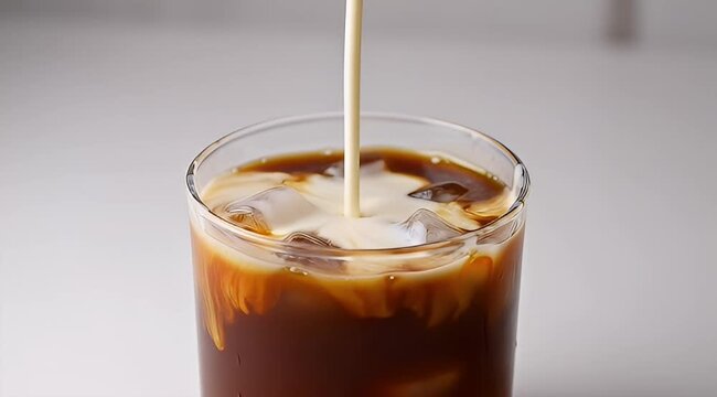 Cream pouring into glass of iced coffee creating a marbled effect