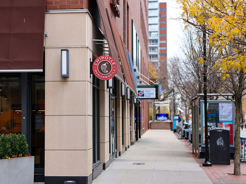 Chipotle Mexican Grill restaurant exterior on a city street in Kendall Square, Cambridge, Massachusetts