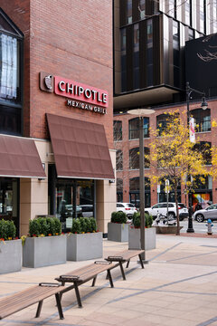 Chipotle Mexican Grill restaurant exterior on a city street in Kendall Square, Cambridge, Massachusetts