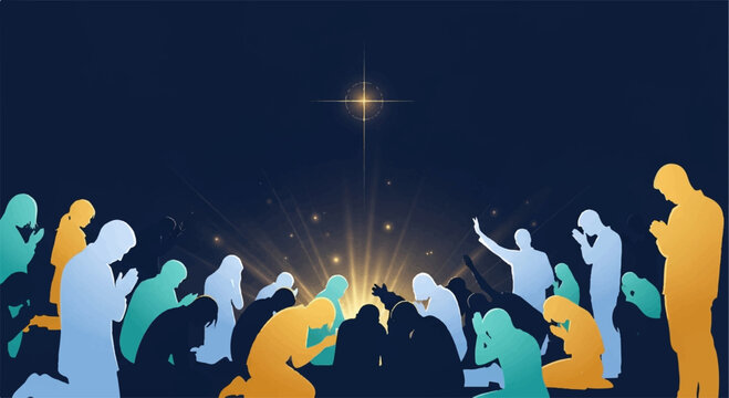 Vector silhouette of people looking at a star, night scene