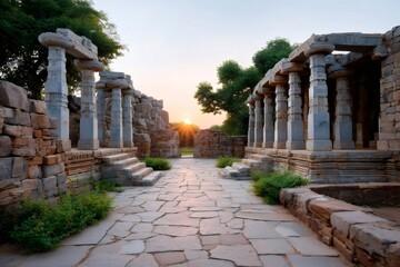 Fototapeta premium Hampi ancient ruins at sunset showing columns and stone architecture
