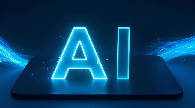 Glowing blue AI logo on a black platform with flowing energy effects