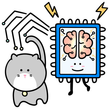 Cute Grey Cat and Smart Brain Chip Character Walking Together Illustration