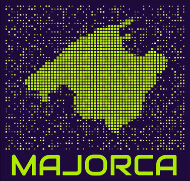 Majorca dots map. Spain. Digital style shape of the island. Majorca map and title lime colored square dots with round corners. Modern Vector Illustration.