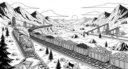 Detailed Illustration of a Coal Train in a Mountainous Landscape. © Wahyubudiyono