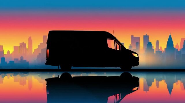 Silhouette of a van on a road against a vibrant sunset cityscape; orange, pink and blue gradient sky, reflected on water to create a cinematic urban mood