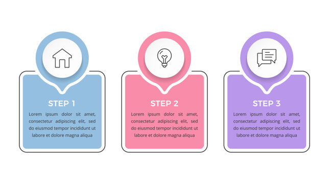 Infographic template with three sequential steps with color frames and icons