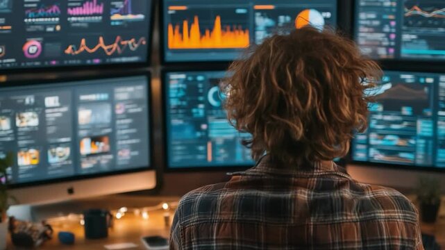 Back view of a person with curly brown hair wearing a plaid shirt, facing several large screens showing charts and dashboards in a high-tech control room