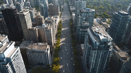 Fototapeta premium Aerial view of a bustling city street lined with tall modern skyscrapers under bright daylight showcasing urban development and busy traffic