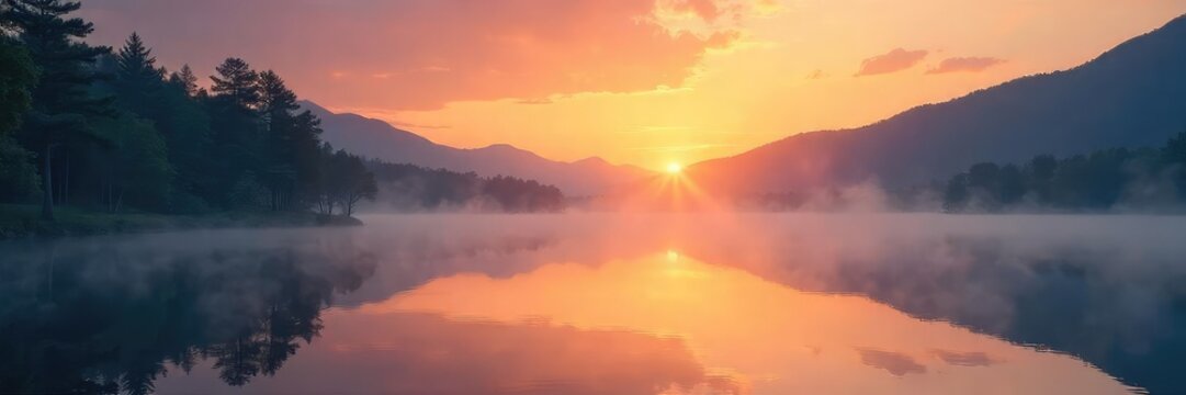 Serene sunrise over tranquil lake, mist rising, conveying a sense of calm spiritual energy and inner peace Perfect for meditation, yoga, mindfulness, and well-being themes , restorative, sunrise