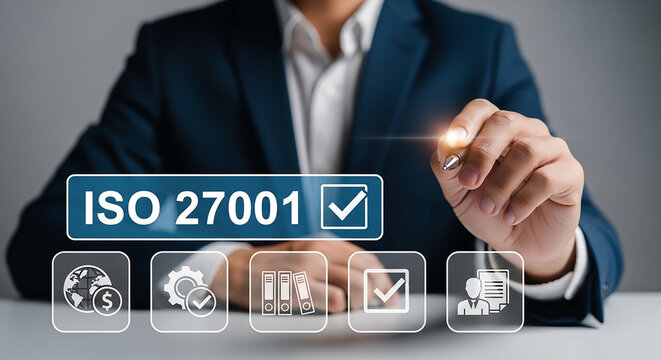 ISO 27001 Concept: A focused individual in professional attire interacts with a virtual interface, symbolizing the attainment of information security standards and robust data management.