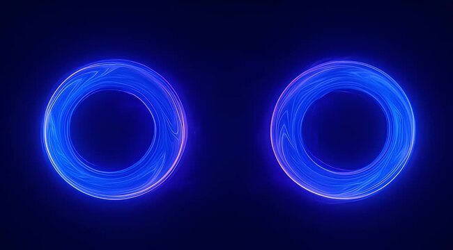Two luminous blue ring shaped structures with intricate patterns and soft glow