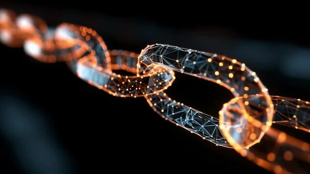 Close-up of a glowing wireframe chain forming a twisting helix; blue and orange nodes and edges light up a dark background for a futuristic, high-tech look