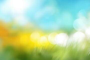 Fototapeta premium Soft bokeh light over green grass and blue sky, spring summer nature outdoor blurred scenery for peaceful natural decor and wallpaper.