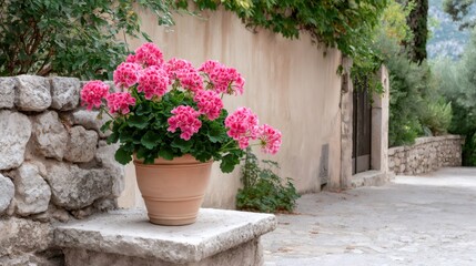 Fototapeta premium Pink geraniums blooming in terracotta pot in Mediterranean village