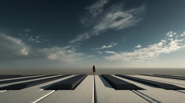 A lone figure in a red coat walks along a surreal, sunlit platform with long, dark slabs and stark lines toward a distant horizon; minimal, dreamlike landscape