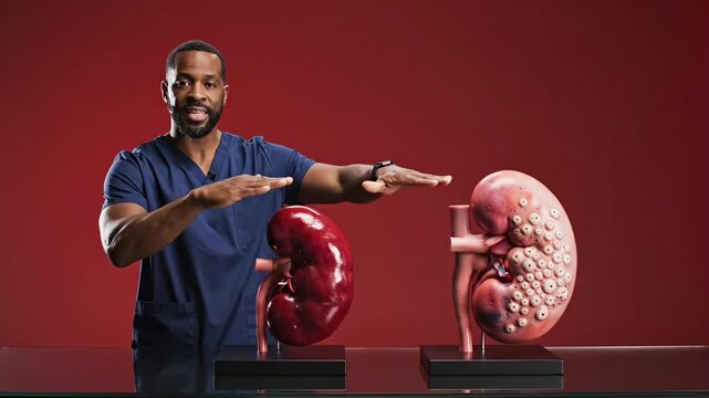 Male Doctor Explaining Comparison Between Healthy Kidney and Polycystic Kidney Disease Models