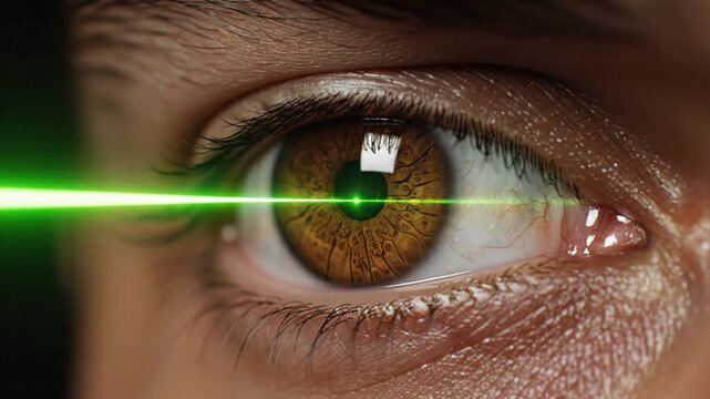 Close-up of a human eye with a green laser beam shining into the pupil, representing advanced eye care and vision correction technology.