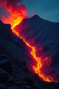 Fiery river of molten rock flows down a volcanic slope, glowing intensely against the dark night sky A dramatic display of nature's destructive power , volcano, andesite, hot