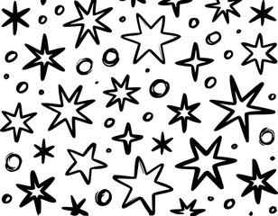 Obraz premium Black Hand Drawn Stars and Circles Pattern White Background Seamless Texture