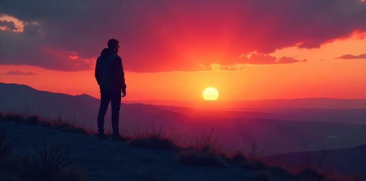A solitary figure, silhouetted against a vibrant sunset, contemplates a vast, empty landscape The feeling is one of introspection and profound solitude , meditation, independence