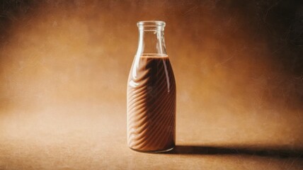 Obraz premium Chocolate Milk in Glass Bottle with Cocoa Powder, Minimal Food Photography with Brown Background