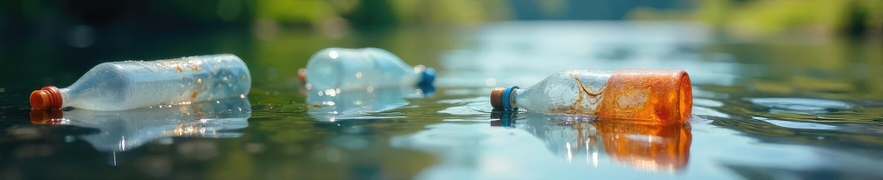 A vibrant, close-up shot of discarded plastic bottles bobbing on the surface of a calm river, illustrating the pollution of waterways by plastic waste , plastic pollution, refuse, river