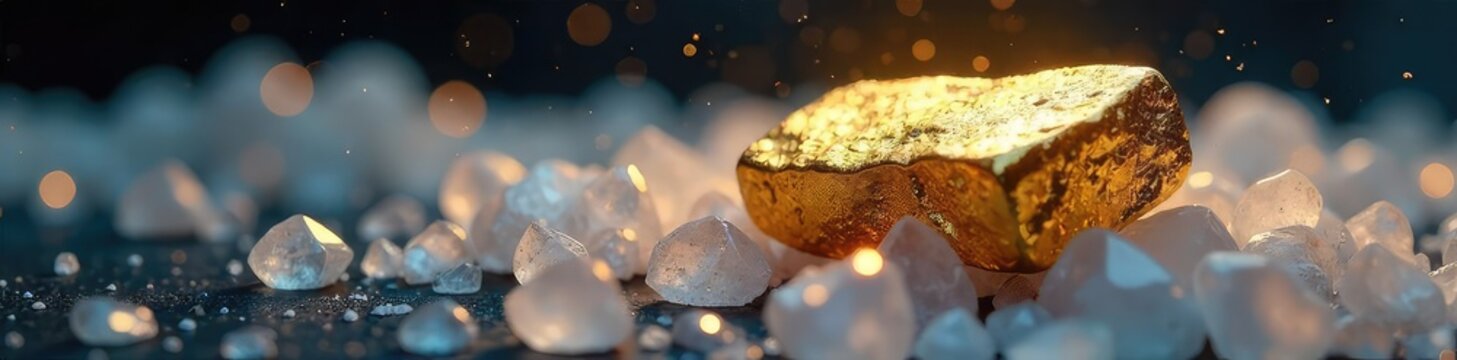 A gleaming gold nugget rests on a bed of sparkling quartz crystals, symbolizing the precious and rare nature of innovative ideas and breakthroughs , mineralogy, shine