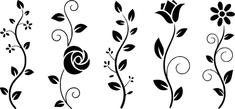 Black silhouette floral vine with roses and simple flowers white background